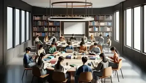 Estudiantes universitarios concentrados estudiando en una sala con libros, laptops y una pizarra blanca, reflejando un ambiente de colaboración académica.
