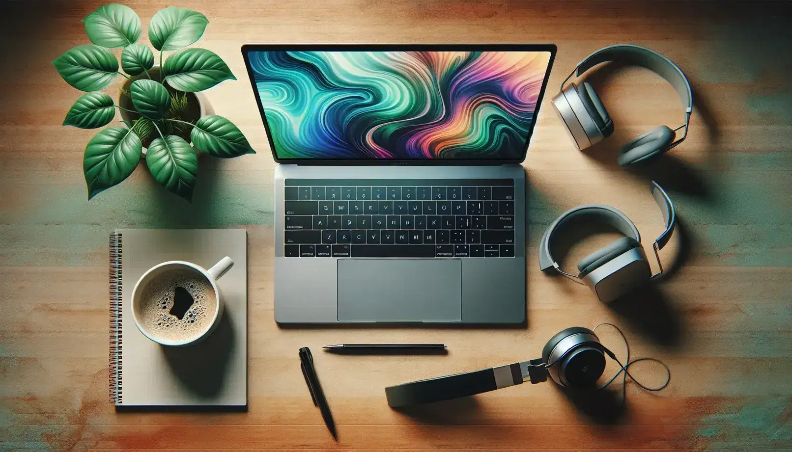 Organized desk with open laptop, abstract background, coffee cup, green plant, black headphones and notepad with pen.