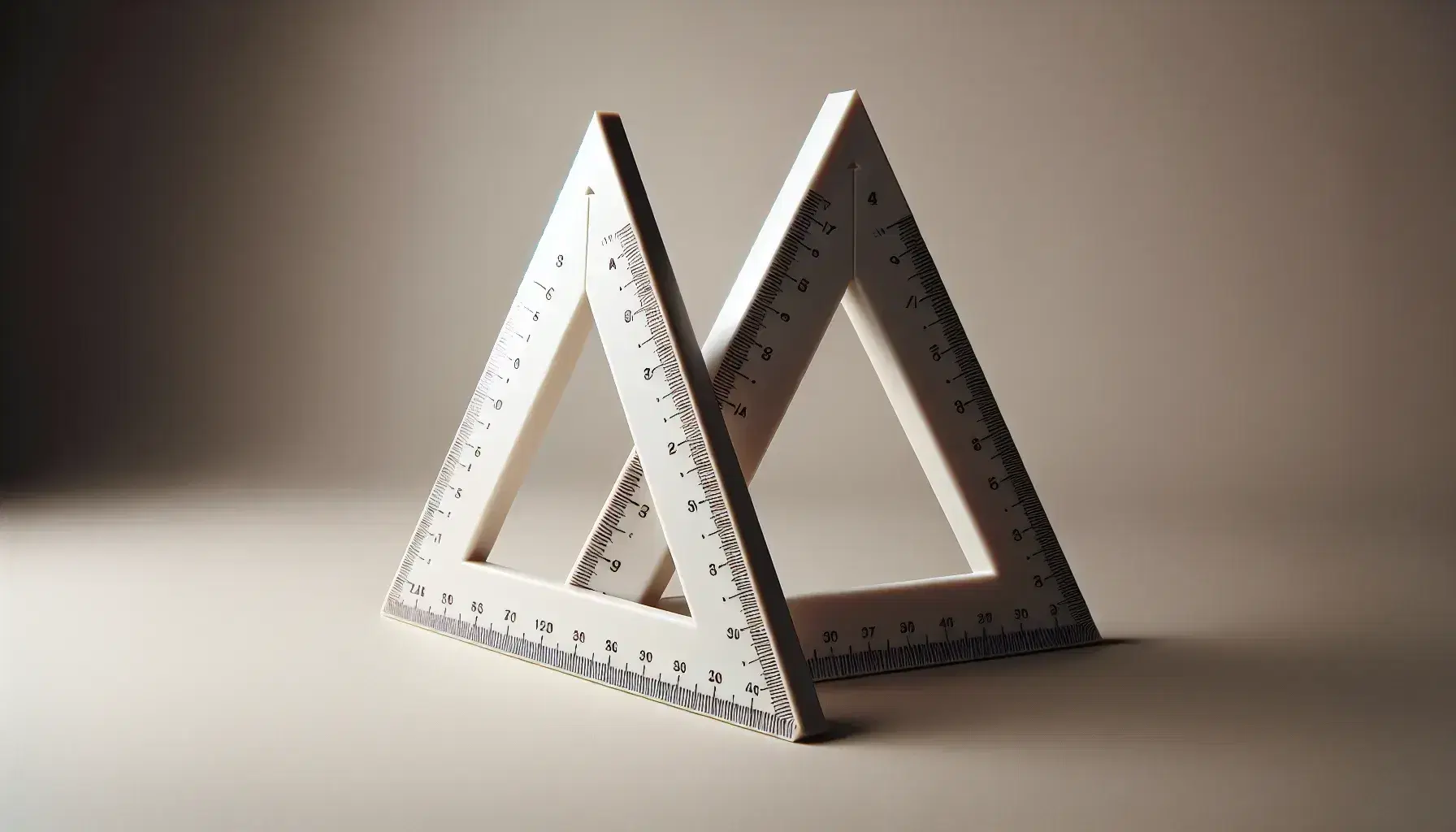 Two white triangular rulers overlapping perfectly on a neutral background, demonstrating congruence with clear, sharp edges and a matte finish.