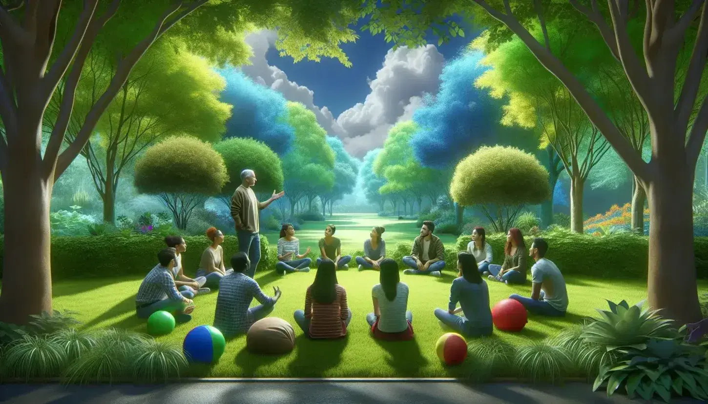 A green park with people sitting in a circle: Caucasian elderly man, Hispanic woman, Middle Eastern teenager and South Asian child among colored balls.