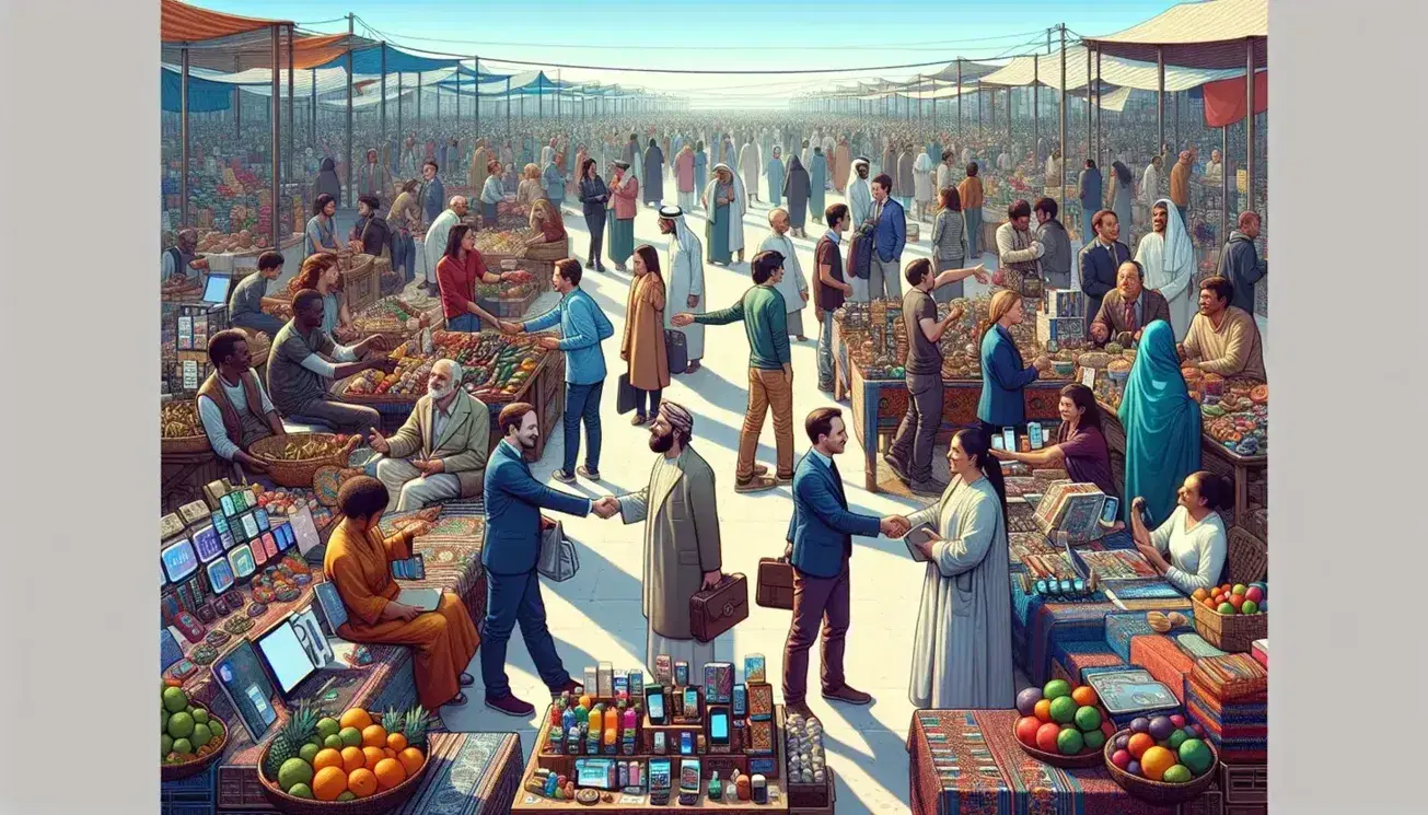 Vibrant outdoor market bustling with diverse people trading electronics, handcrafted goods, and fresh produce under a clear blue sky.
