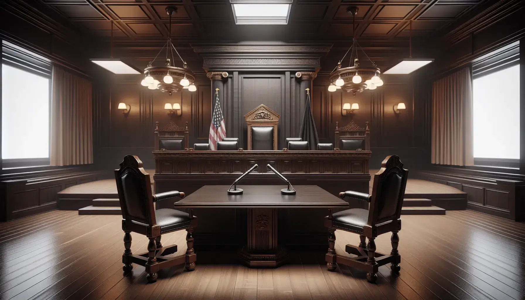 Sala de tribunal austera con mesa de madera oscura y dos micrófonos, sillas con cojines de cuero negro y bandera unicolor al fondo.