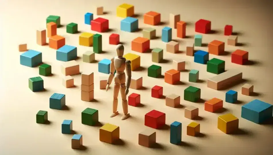 Figura humana de madera sin detalles faciales rodeada de bloques de construcción coloridos en formas de cubos y rectángulos sobre superficie lisa.