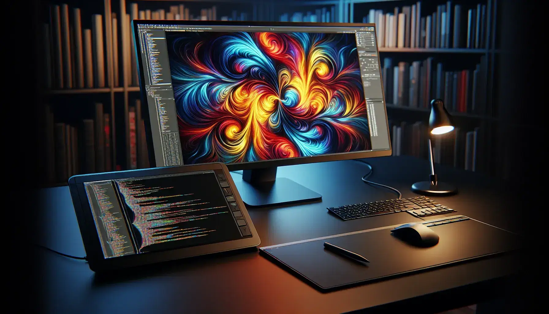 Modern computer station with dual monitors, graphics tablet and stylus, abstract digital art on the left monitor and code editor on the right.