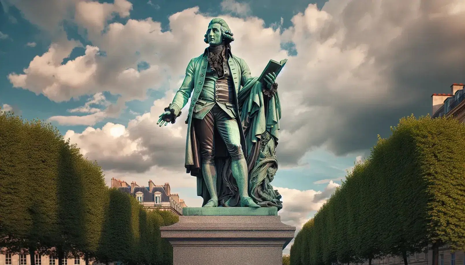 Statua in bronzo di uomo in abiti settecenteschi con mano destra alzata e libro nella sinistra su piedistallo di pietra in parco con alberi.