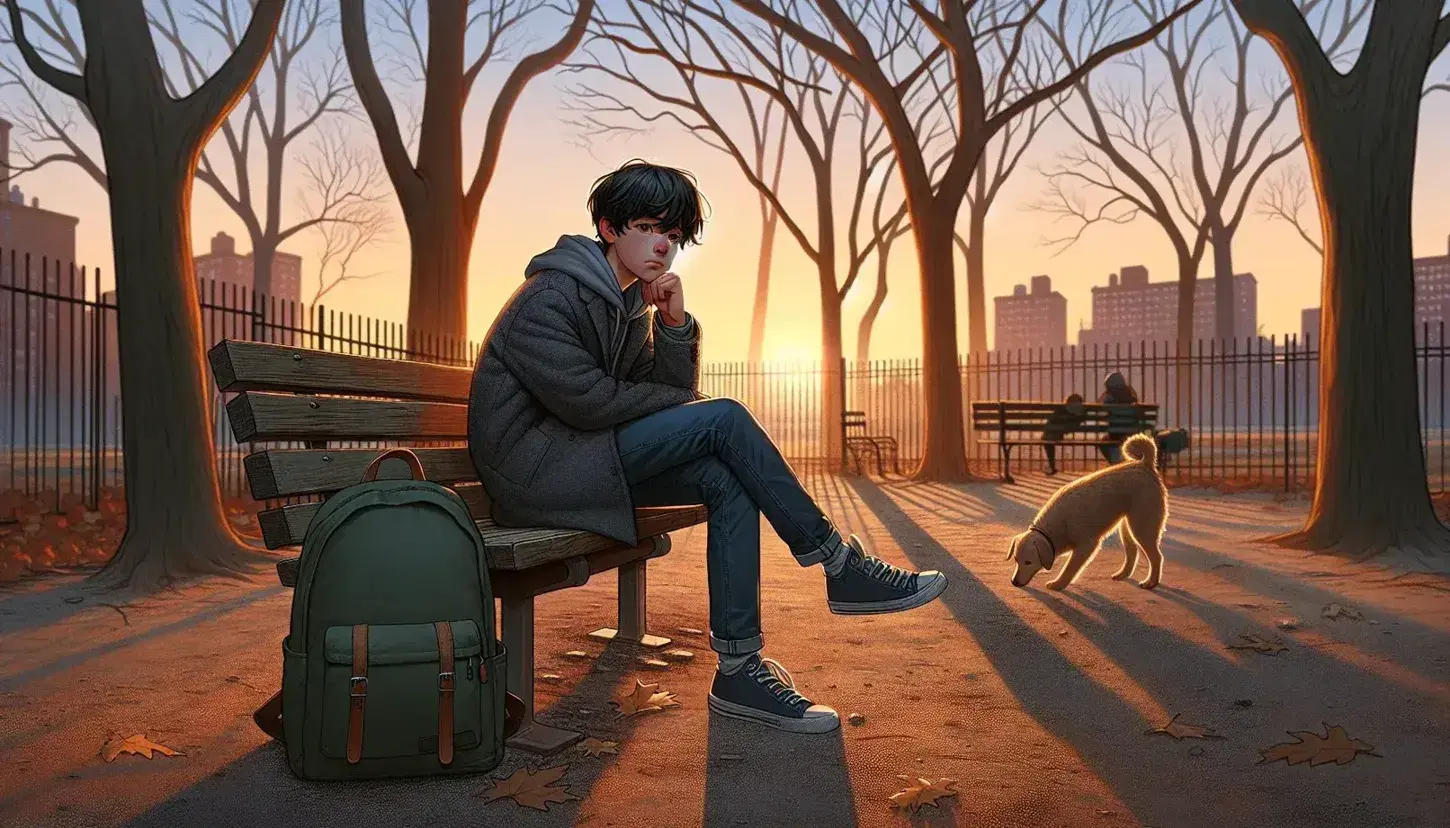 Ragazzo pensieroso seduto su panchina in parco cittadino al tramonto, con zaino scolastico verde oliva accanto e cane che gioca in lontananza.