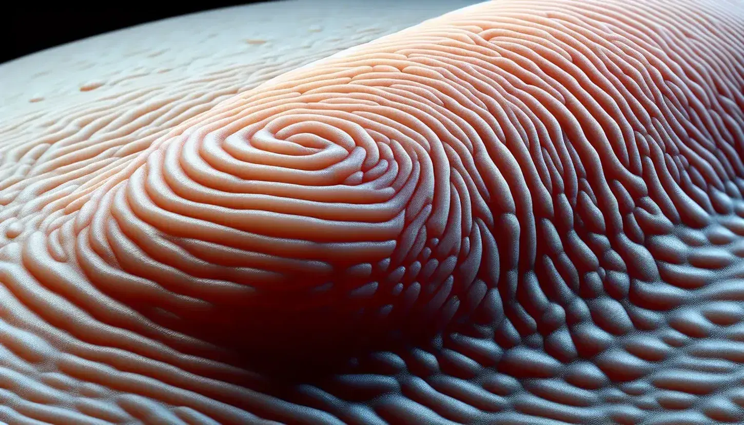 Close-up of human skin with detailed epidermis texture, visible fingerprint and sweat drops, on smooth surface.