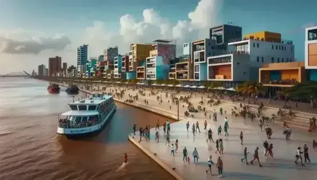 Vista panorámica del Malecón de Barranquilla con personas paseando, río Magdalena y edificios coloridos bajo un cielo azul con nubes dispersas.