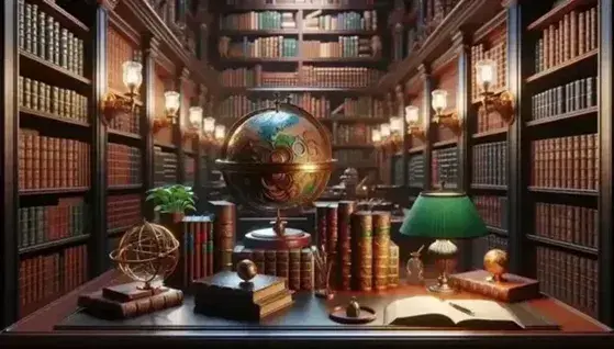 Biblioteca classica con scrivania in legno scuro, sfera armillare, mappamondo, libri rilegati e lampada da tavolo, scaffali pieni di libri e poltrona in pelle.