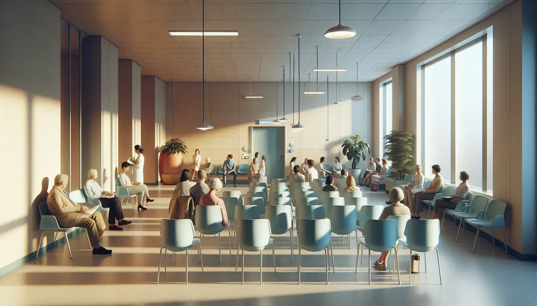 Sala de espera luminosa en centro de salud con personas diversas sentadas y de pie, sillas azules en primer plano y planta decorativa.