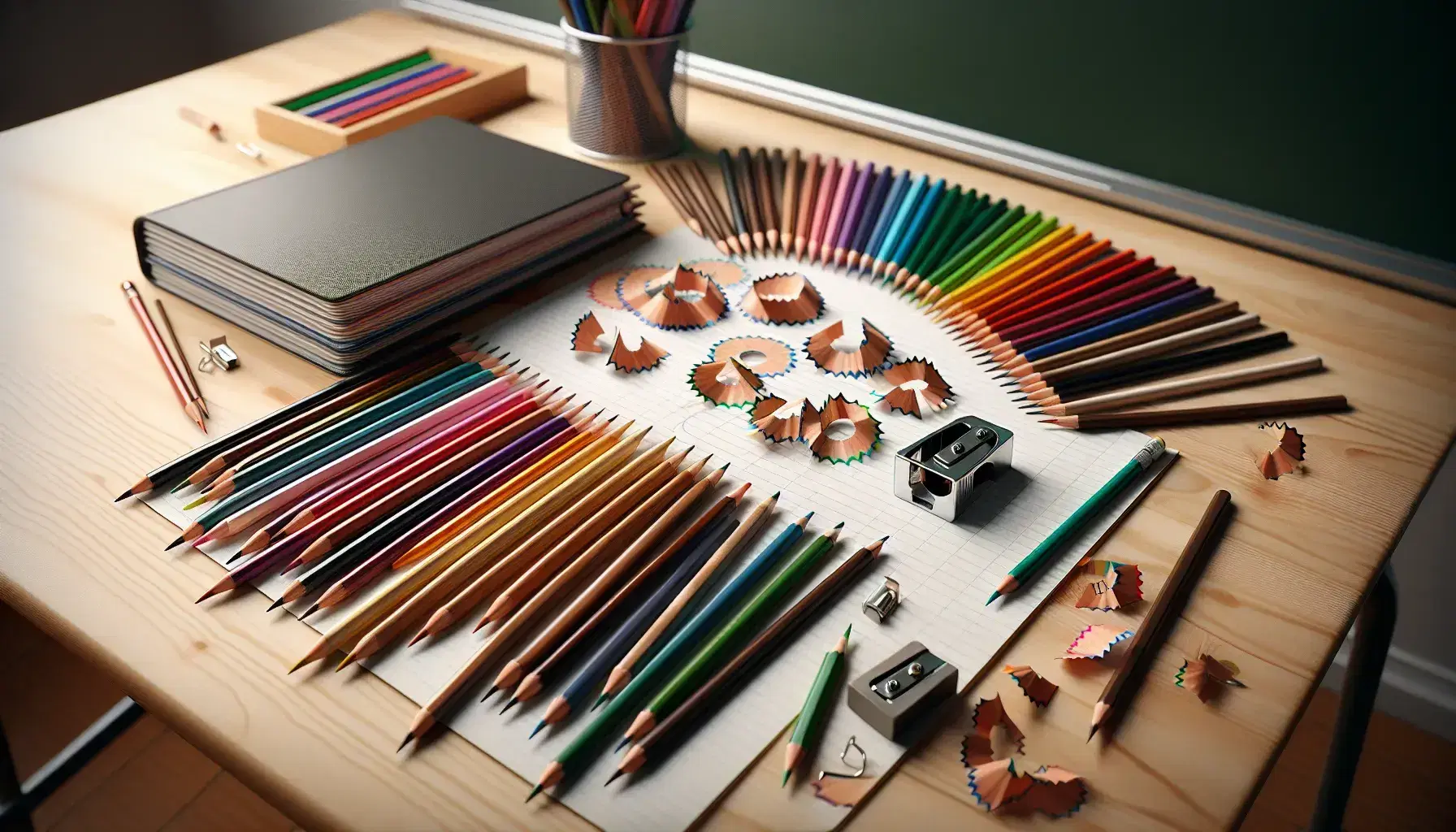 Matite colorate di diverse lunghezze su banco scolastico in legno chiaro con temperino e trucioli, foglio bianco e quaderno ad anelli.