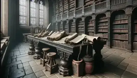 Biblioteca medievale con tavolo in legno scuro, pergamene, penne d'oca e scaffali colmi di libri rilegati sotto luce filtrante da finestra ad arco.
