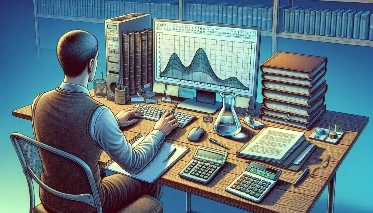 Researcher concentrated on screen with smooth graph, surrounded by calculator, magazines, beaker with liquid and notebook on desk in illuminated room.