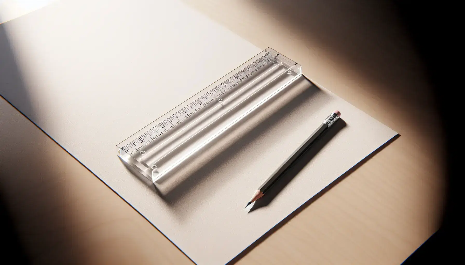 Clear acrylic ruler diagonally placed on white paper with a matte black pencil beside it, on a light wood grain desk, soft lighting.