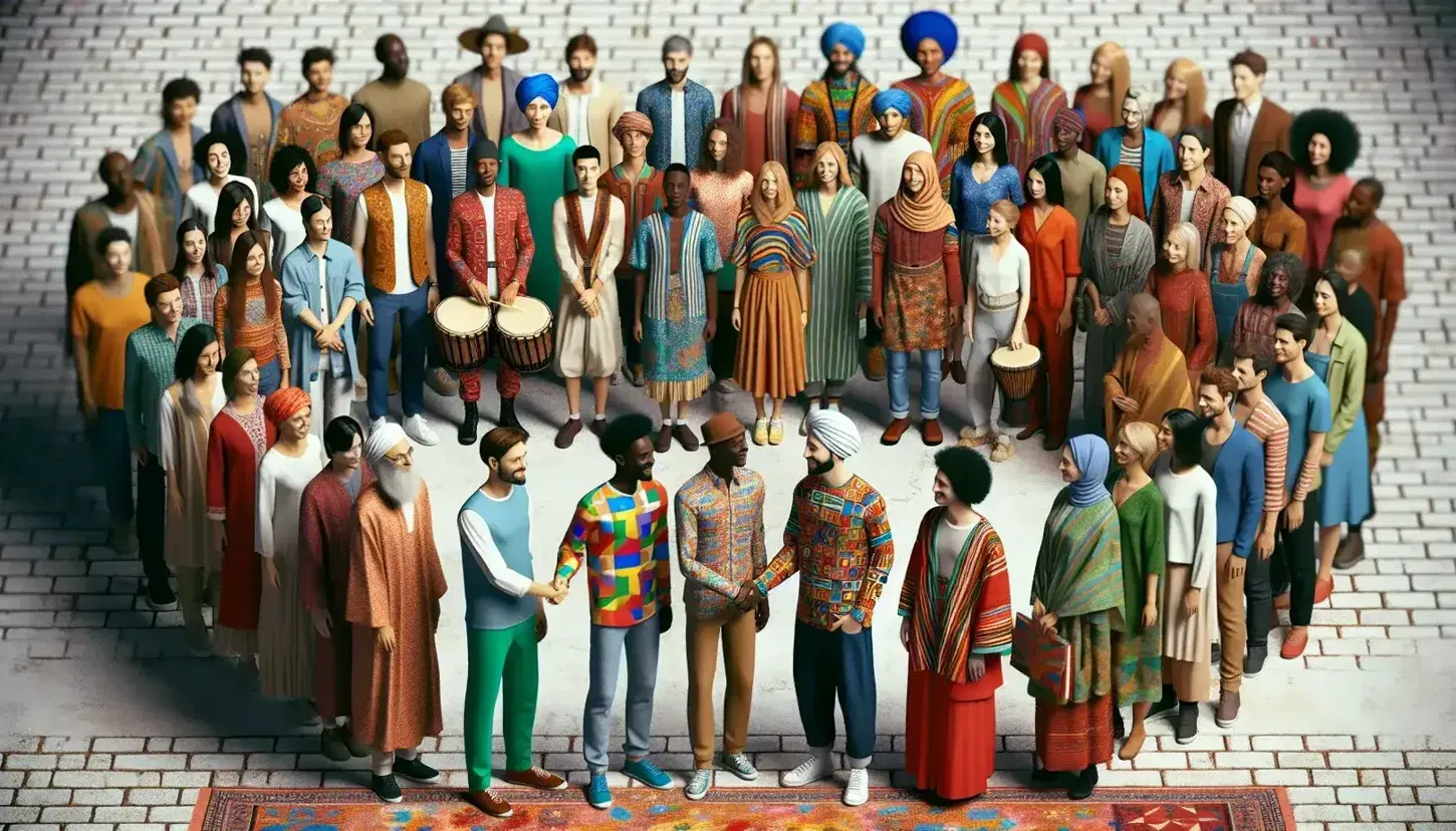Grupo diverso de personas en semicírculo celebrando la diversidad cultural, con un hombre y una mujer dándose la mano en el centro, rodeados de trajes tradicionales y colores vibrantes.