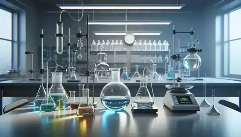 Laboratorio de química con matraces Erlenmeyer de líquidos coloridos, condensador de reflujo y balanza analítica, con un científico trabajando al fondo.