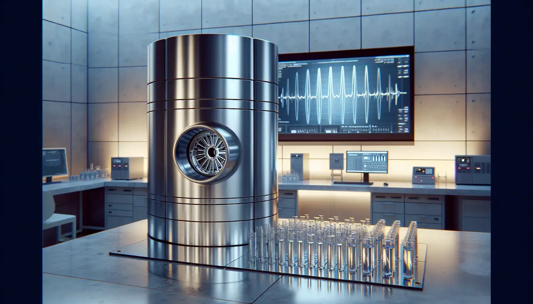 Modern nuclear magnetic resonance spectrometer in laboratory with cylindrical magnets and neat test tubes on bench, monitor with graphs in background.