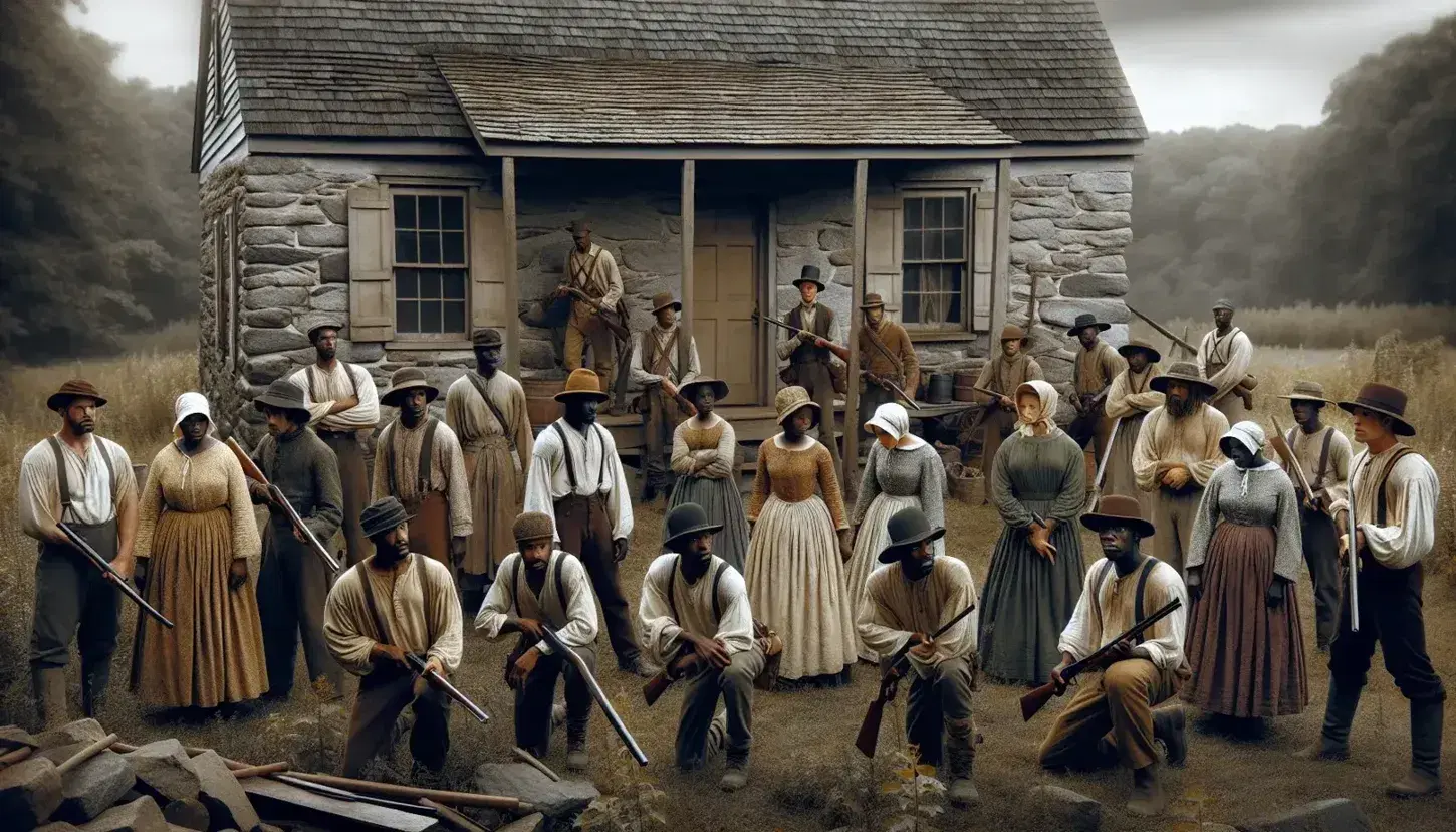 19th-century reenactment with African American actors in period attire, poised defensively near a stone farmhouse, under an overcast sky.