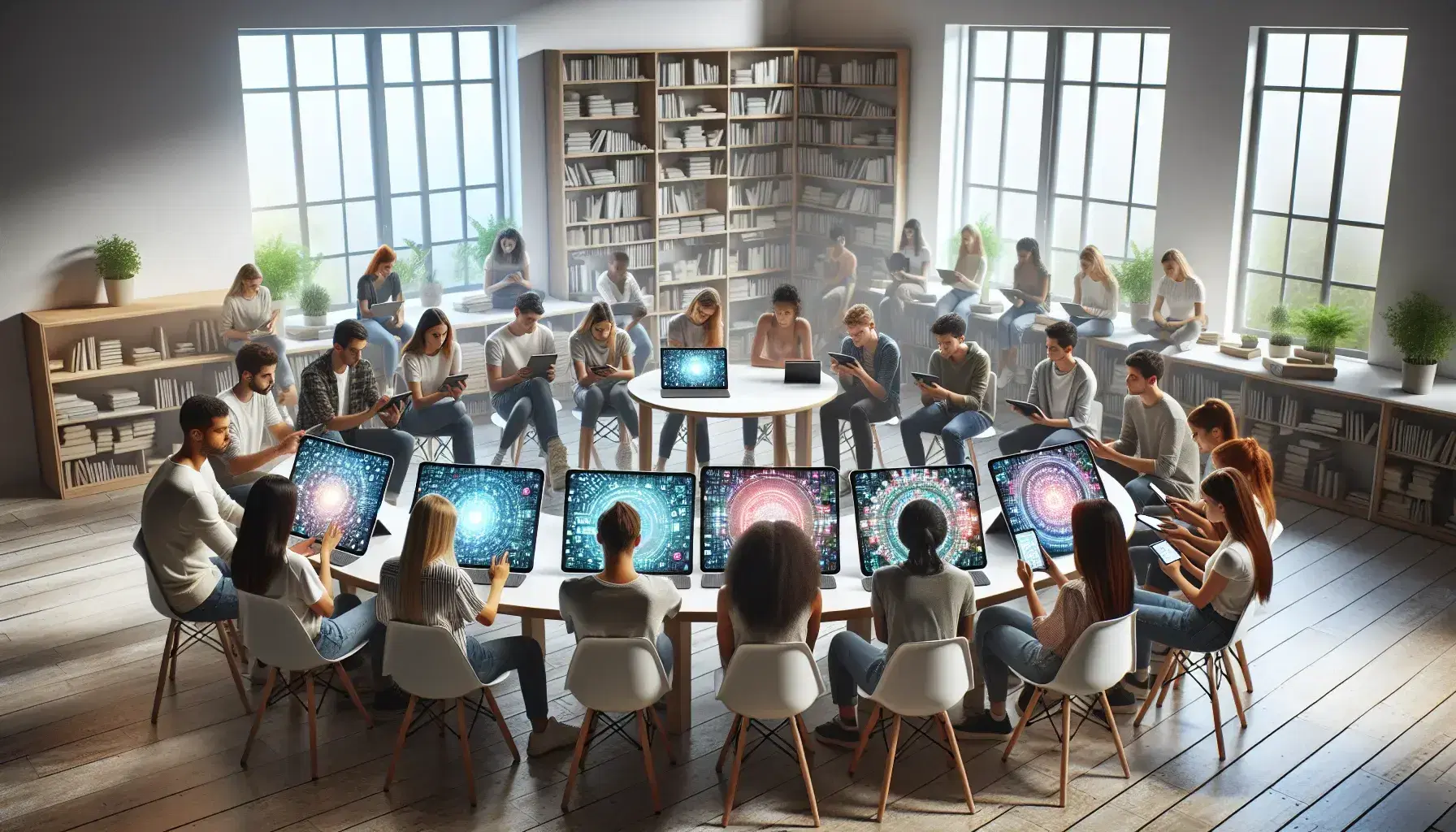Grupo diverso de estudiantes sentados en círculo con tablets y laptops en una sala iluminada naturalmente, rodeados de libros y vegetación.