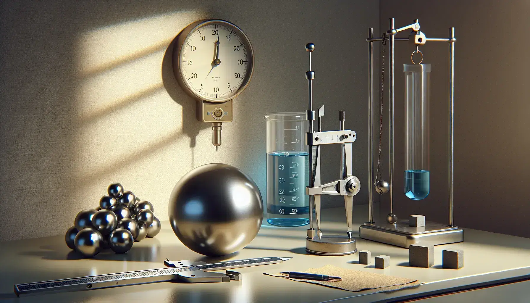Laboratorio scientifico con calibro metallico che misura sfera, cilindro graduato con liquido blu, orologio analogico e bilancia di precisione.