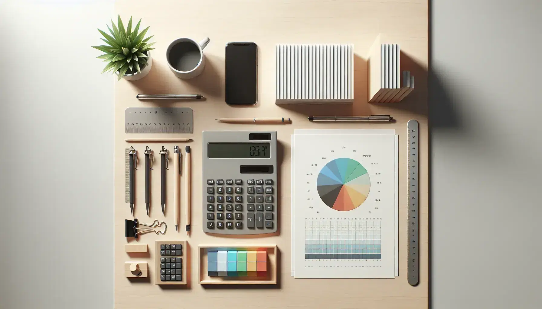 Vista superior de un escritorio de oficina con calculadora gris, papeles blancos, lápiz mecánico, regla, gráfico de pastel 3D y taza de café humeante.