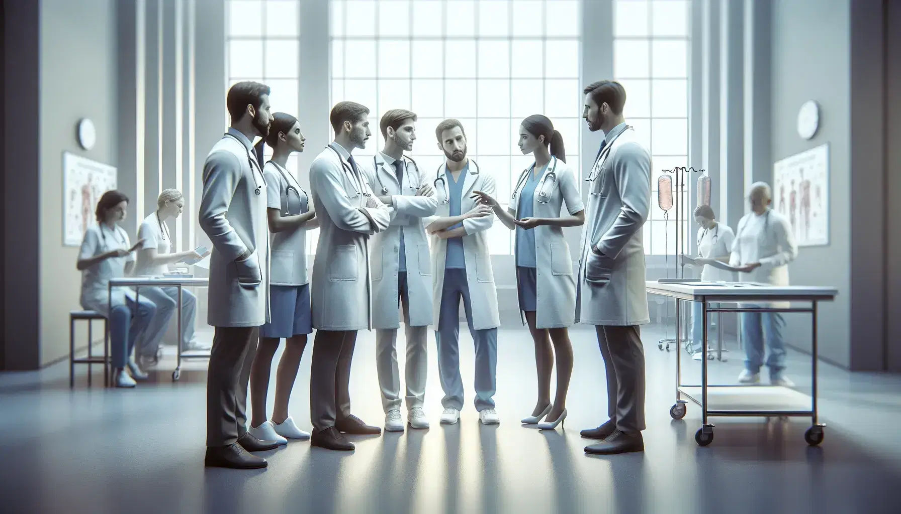Grupo de profesionales de la salud en discusión seria en un entorno hospitalario, con luz natural y equipamiento médico al fondo.