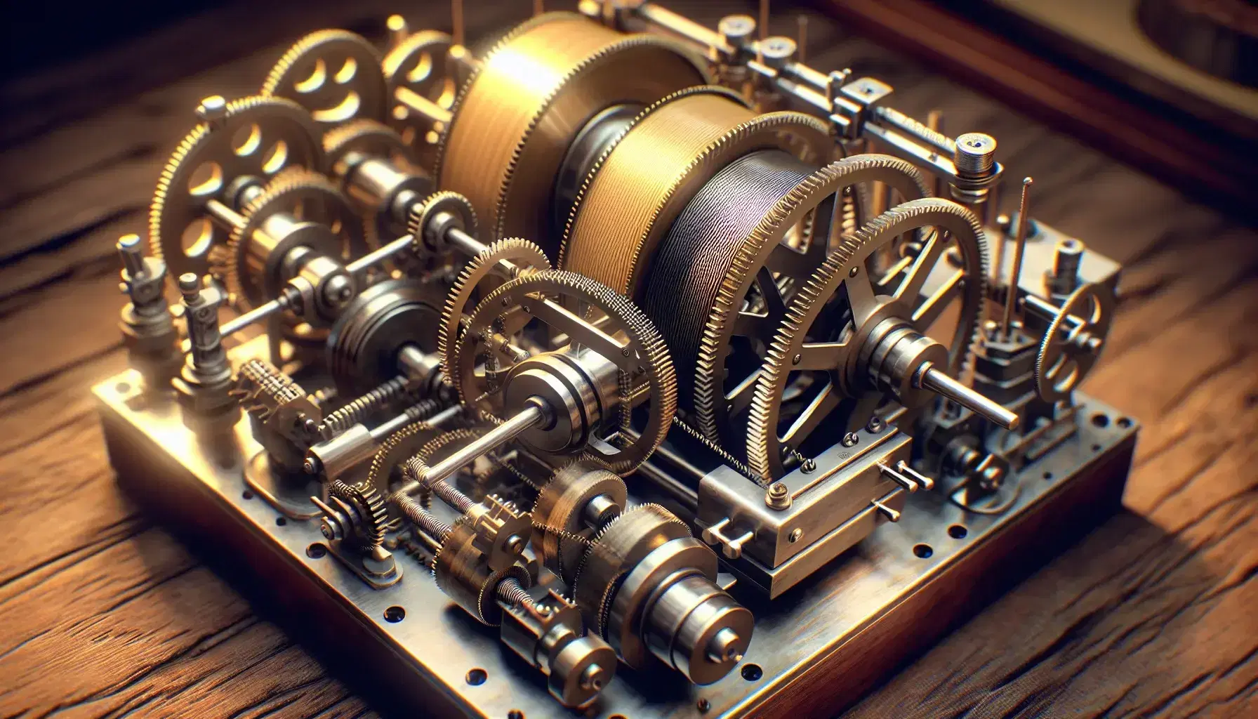 Vintage brass and steel mechanical Turing machine with twisted gears and paper tape, on blurred dark wooden background.