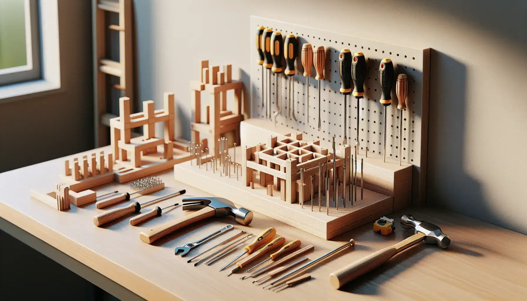 Light wooden workbench with hammer, screwdrivers, pliers, red tape measure and wooden texture template, background with pegboard.