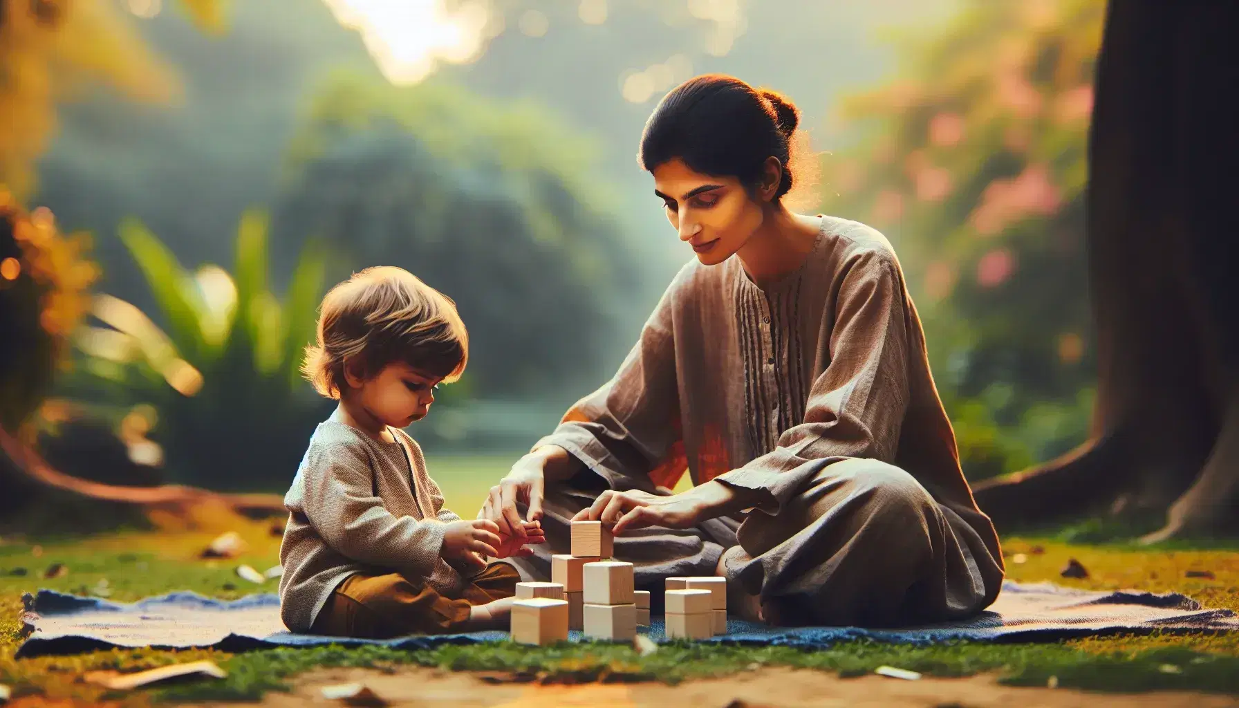 Middle Eastern assistant sitting cross-legged on a lawn in a serene park helps a Caucasian child stack wooden blocks, sunrise or sunset.