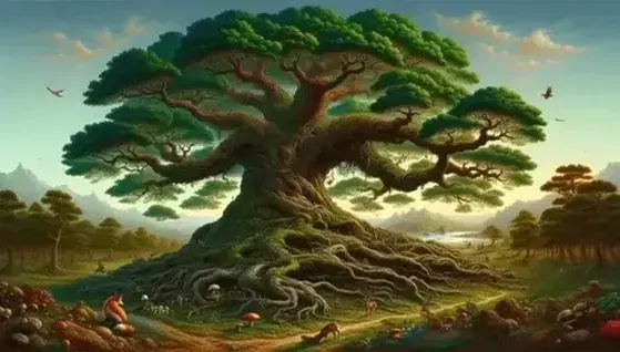 Majestic tree with thick trunk, deep roots, and expansive green canopy, surrounded by moss, mushrooms, a fox, hares, and grazing deer under a clear blue sky.