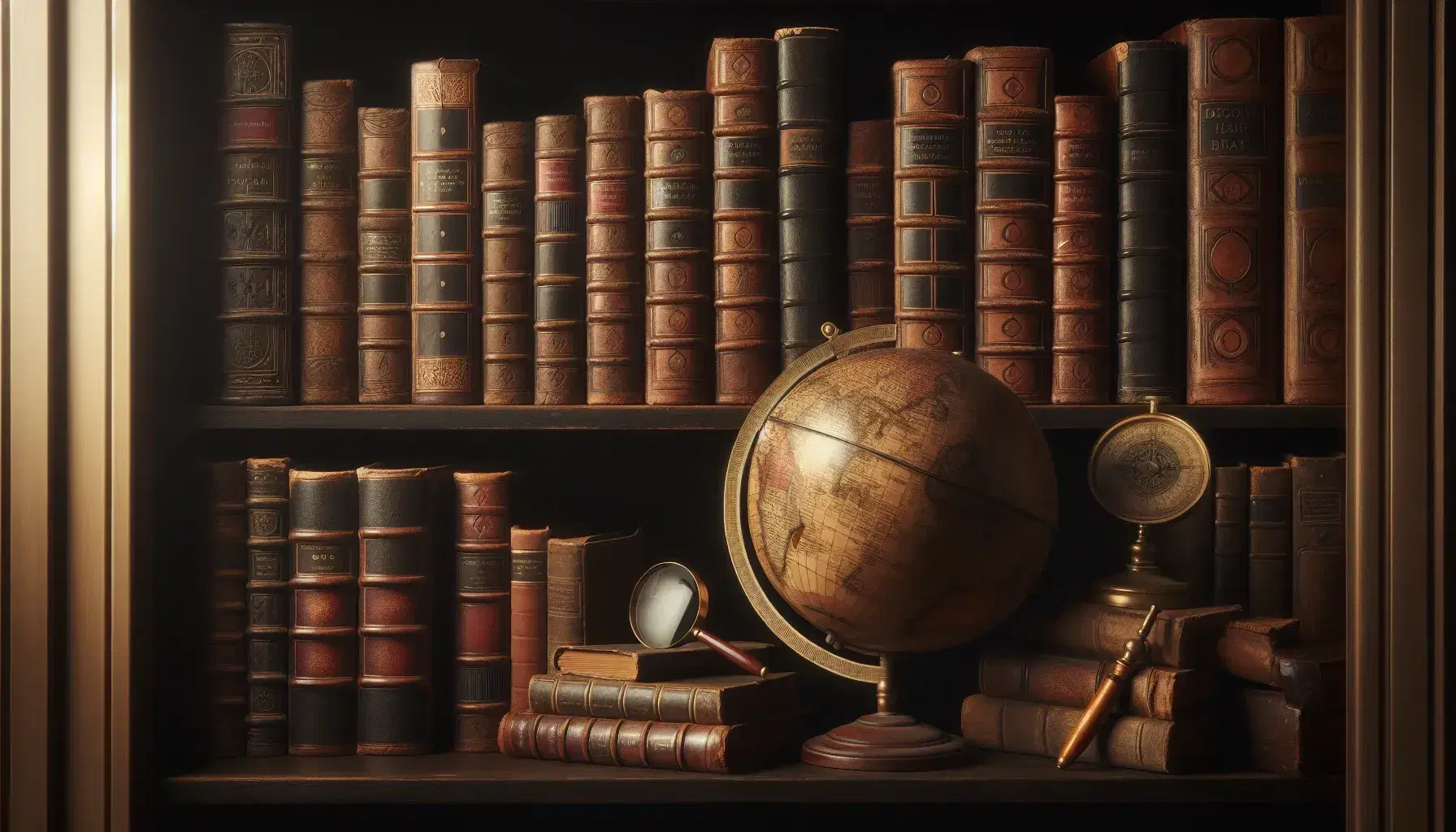 Estantería de madera oscura con libros antiguos de lomos en cuero y un globo terráqueo sepia inclinado junto a una lupa con mango de madera.