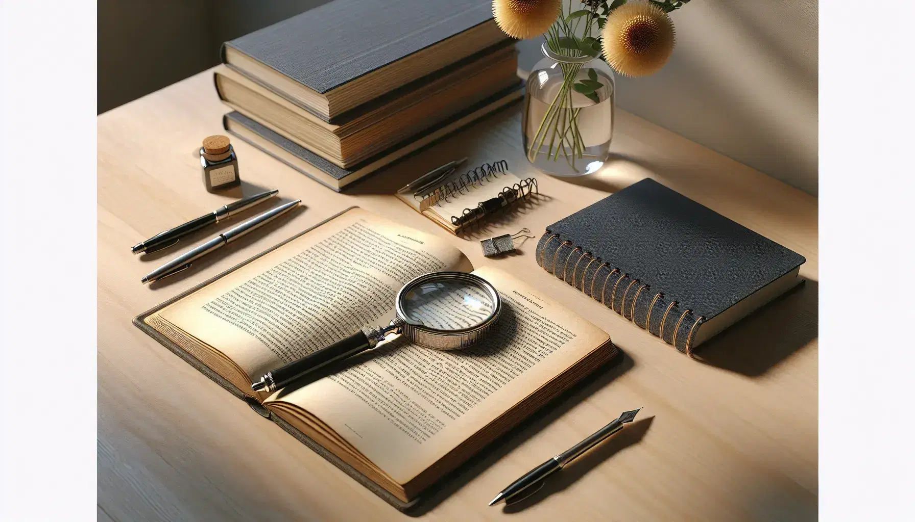 Scrivania in legno chiaro con libro aperto, lente d'ingrandimento, quaderno a spirale con penna stilografica, fogli A4 e vaso di fiori gialli.