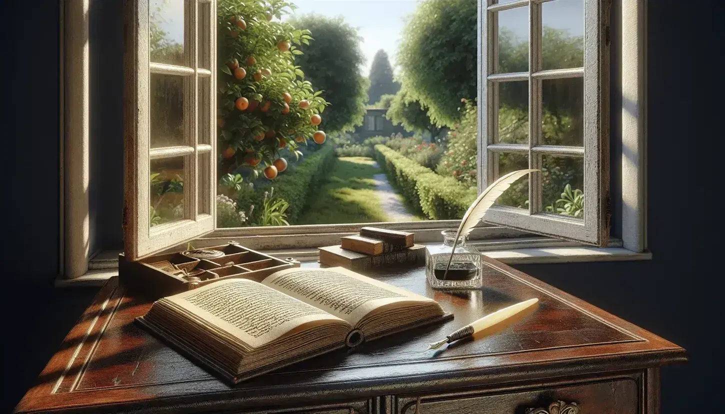 Scrivania in legno vecchio stile con libro aperto, penna d'oca e calamaio, finestra aperta su giardino con alberi da frutto e cielo azzurro.