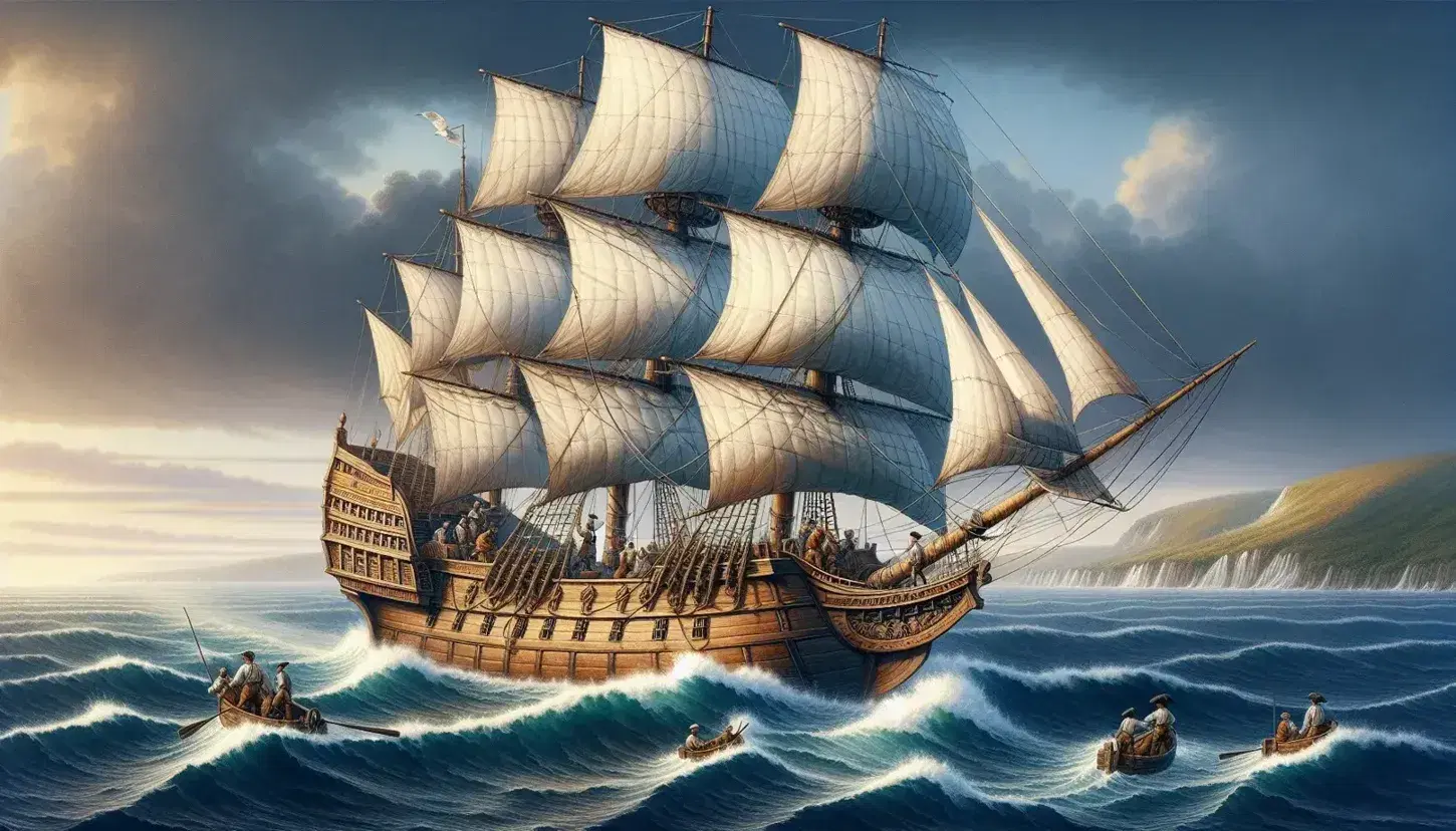 Wooden bathtub with three masts and white sails in the sea, sailors in period clothes at work, golden sunset and land in the distance.