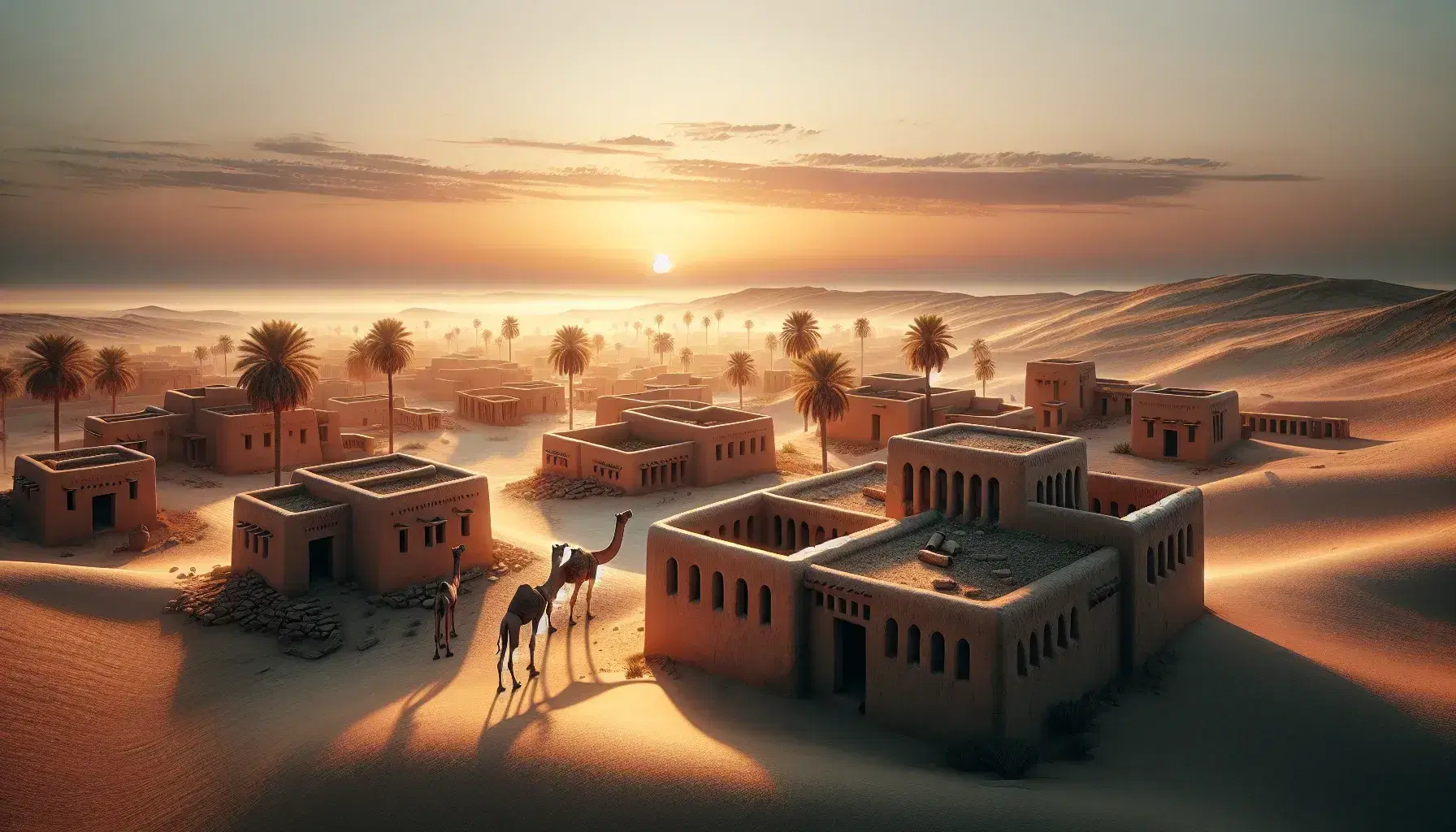 Serene dawn in a desert with early Islamic clay buildings, palm trees, and a trio of camels blending into the earthy-toned landscape.