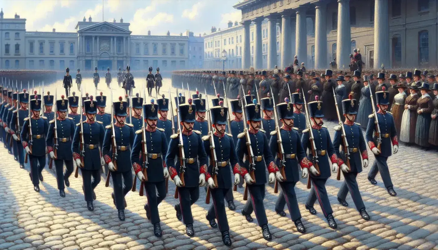 Parata militare del XIX secolo in piazza con soldati in uniformi blu e dettagli rossi, cappelli cilindrici e spettatori sfocati sullo sfondo.