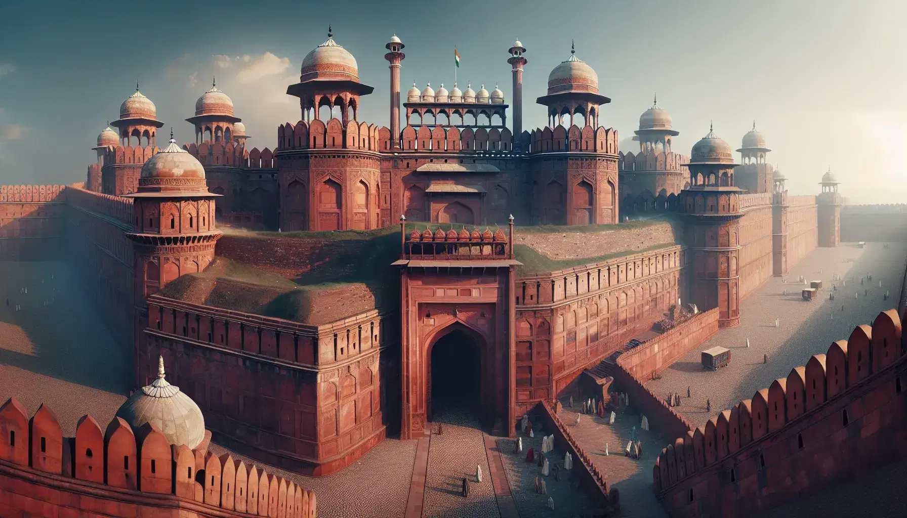 Panoramic view of Red Fort's red sandstone walls, Lahore Gate with stone elephants, and intricate Mughal architecture under a clear blue sky.