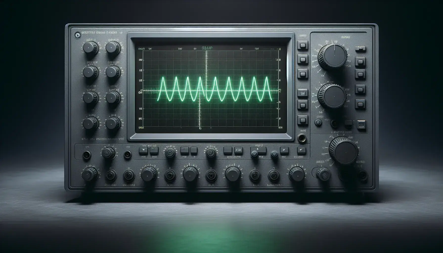 Oscilloscopio moderno con schermo che mostra un segnale sinusoidale verde su sfondo nero, controlli simmetrici in grigio e nero.