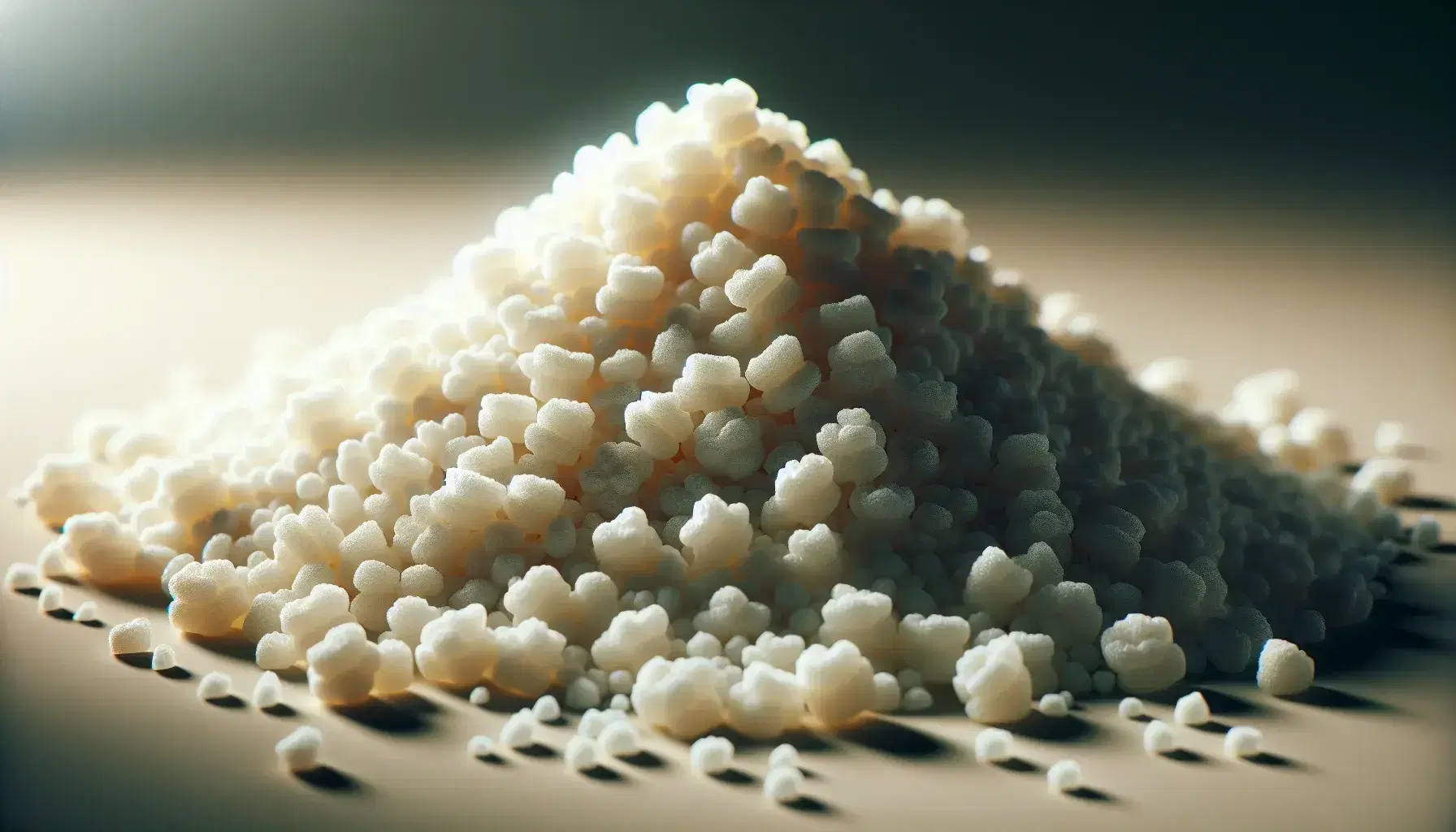 Close-up of semi-transparent, irregular starch granules on a neutral background, with sharp detail highlights and gradual blurring in the background.