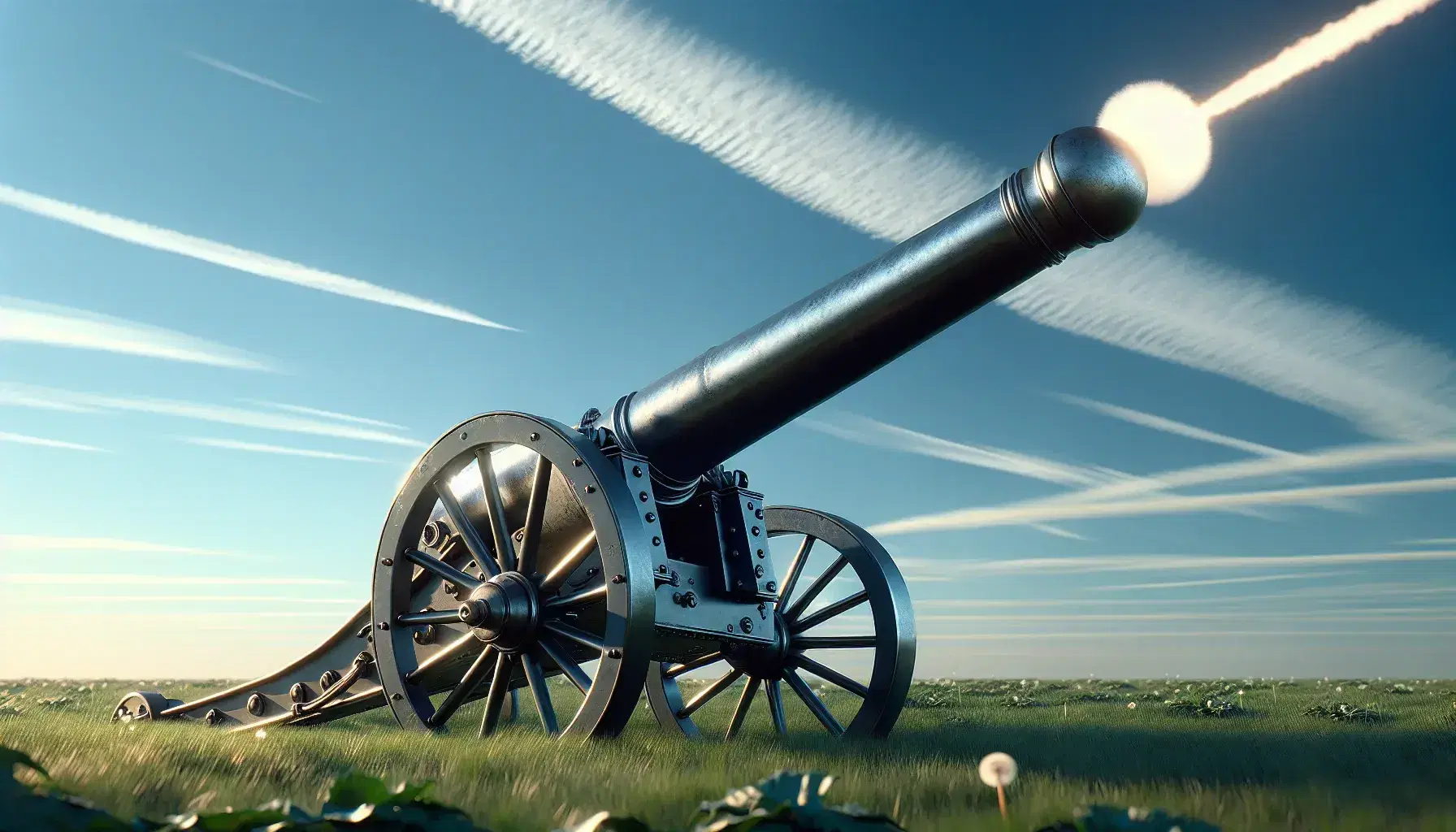 Antique cannon with barrel angled upward on grassy terrain, firing a black cannonball at the apex of its arc against a clear blue sky with sparse clouds.