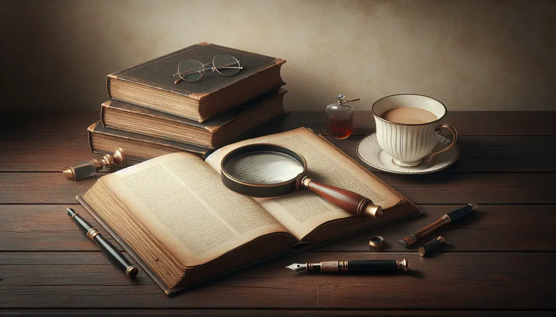 Mesa de madera oscura con libro antiguo abierto, lupa con mango de madera, pluma estilográfica negra con detalles dorados, gafas redondas y taza de porcelana con bebida caliente.