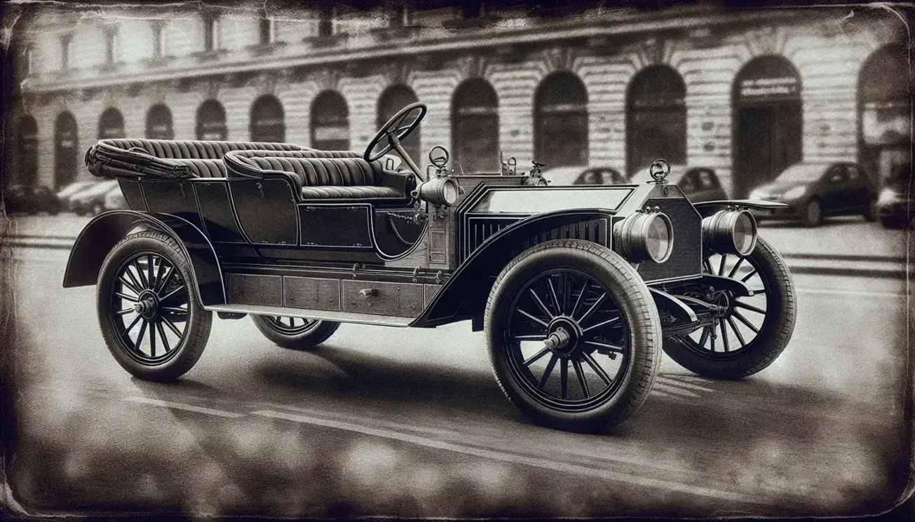 Vintage 1914 Gräf & Stift double phaeton with folded convertible top, large spoked wheels, and side stripe, set against a blurred historical streetscape.