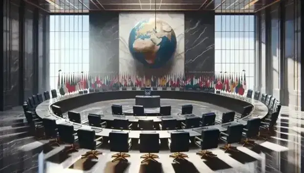 Sala cerimoniale con pareti e scrivania semicircolare in marmo, sedie in pelle blu, file di bandiere e globo terrestre su supporto in legno.