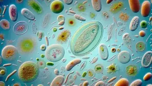 Microfotografia colorata di protozoi e cromisti nel plancton marino, con protozoo ovale e cromisti verdi e marroni con flagelli.