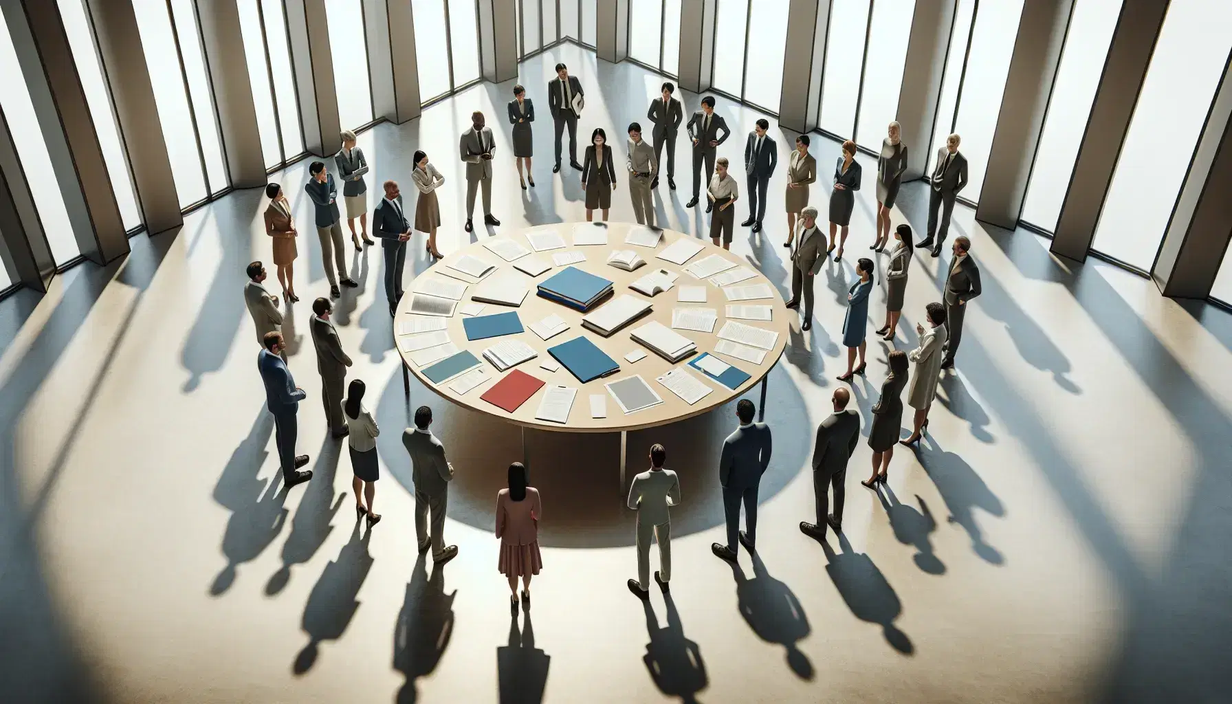 Grupo diverso de profesionales en reunión alrededor de una mesa con documentos y maqueta arquitectónica en una sala iluminada naturalmente.