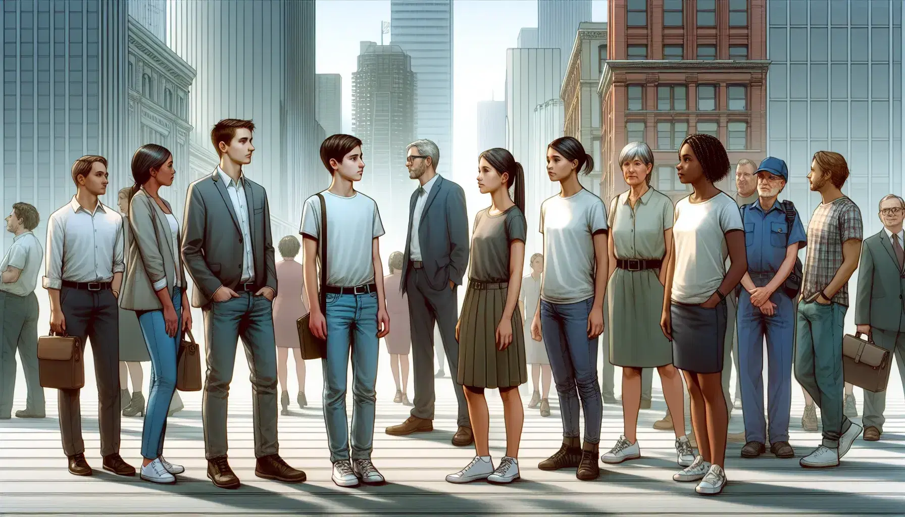 Diverse group of people in an urban space with young man talking to teenage girl, businesswoman in a hurry and senior man reading newspaper.