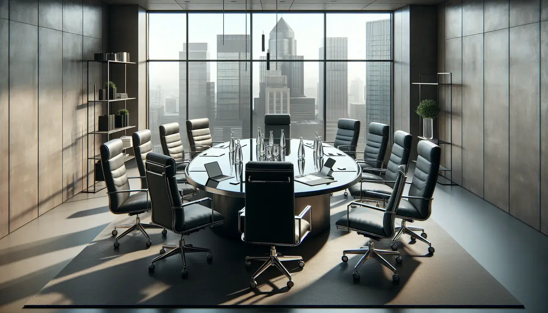 Modern boardroom with oval glass table, charcoal leather chairs, laptops, and water bottles, illuminated by natural light from a window showcasing a cityscape.