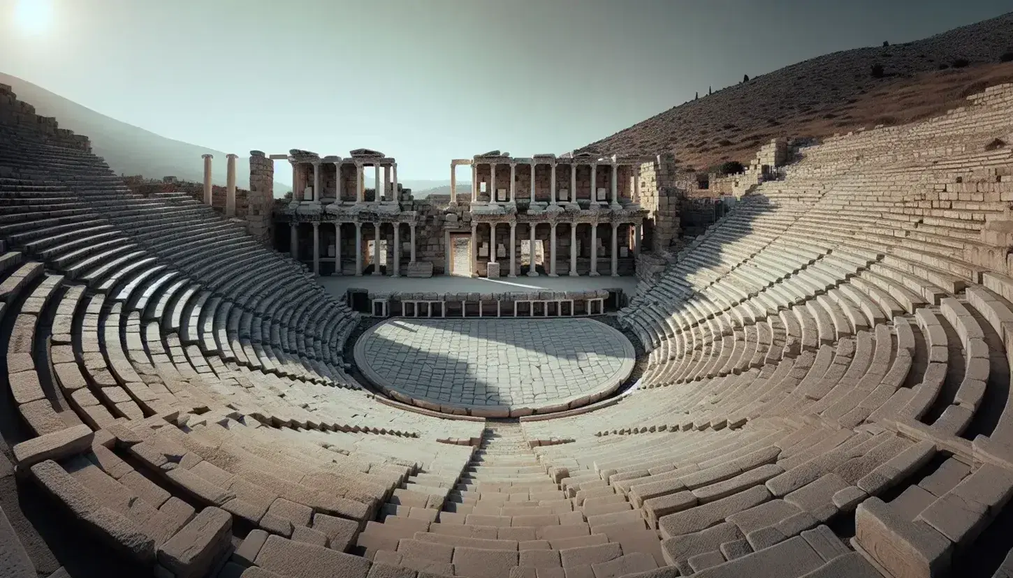 Teatro griego antiguo al aire libre con orquesta circular y gradas semicirculares de piedra bajo un cielo azul despejado.