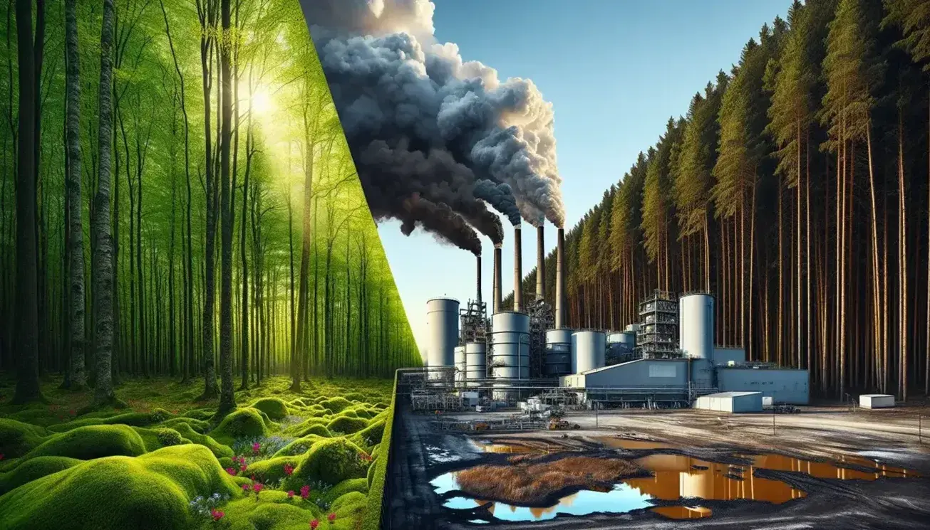 Contrasto tra foresta rigogliosa e area industriale inquinante con fumo da ciminiere e terreno arido.