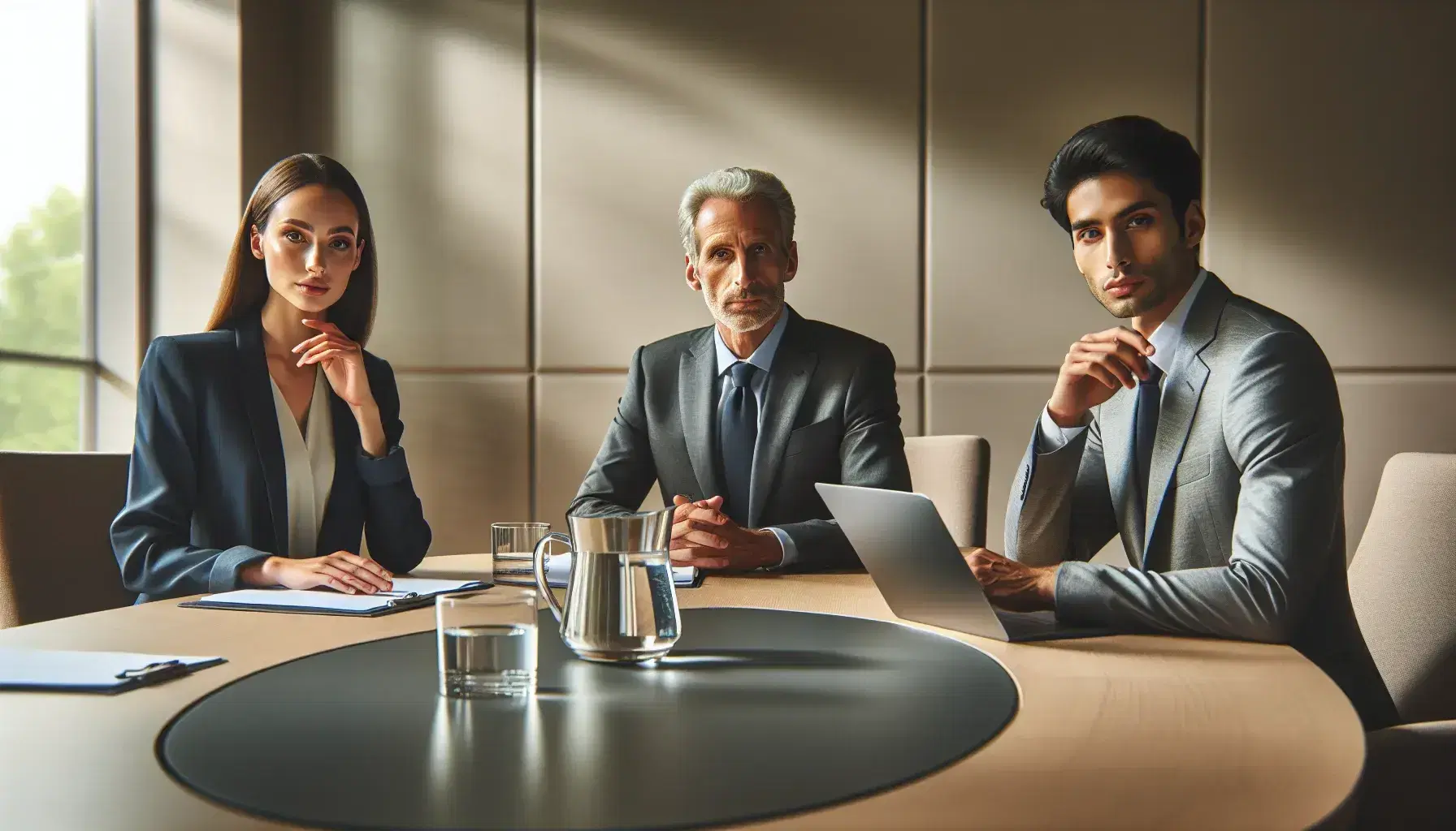 Three professionals in a meeting around an oval table with a laptop, tablet, and documents, in a room with city views.